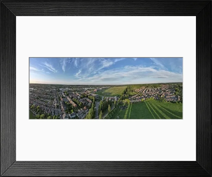 Framed Print : Wide angle aerial view over Newbury Racecourse at golden hour Framed Print : Wide angle aerial view over Newbury Racecourse at golden hour
