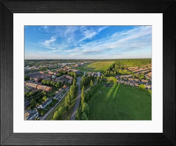 Framed Print : Wide angle aerial view over Newbury Racecourse at golden hour Framed Print : Wide angle aerial view over Newbury Racecourse at golden hour
