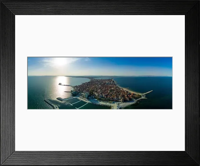 Framed Print : Panoramic bird's eye view over small ancient resort town of Pomorie with old European small houses Framed Print : Panoramic bird's eye view over small ancient resort town of Pomorie with old European small houses