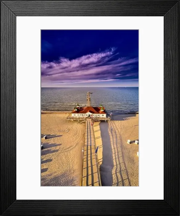 Framed Print : drone view of famous old pier of Ahlbeck on island of Usedom in the baltic sea Framed Print : drone view of famous old pier of Ahlbeck on island of Usedom in the baltic sea