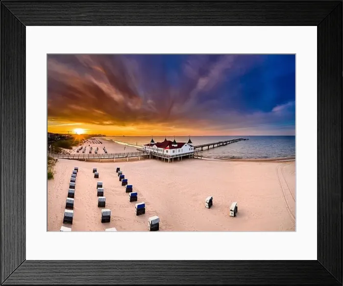 Framed Print : drone view of famous old pier of Ahlbeck on island of Usedom in the baltic sea Framed Print : drone view of famous old pier of Ahlbeck on island of Usedom in the baltic sea