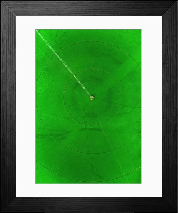 Framed Print : Aerial view from a drone flying above a green farm field growing crops growth with irrigation pivot sprinklers Framed Print : Aerial view from a drone flying above a green farm field growing crops growth with irrigation pivot sprinklers