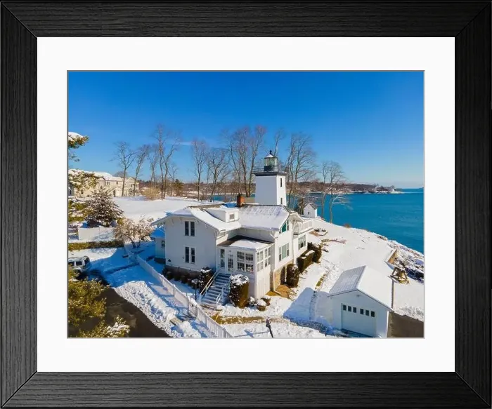Framed Print : Hospital Point Lighthouse aerial view in winter in Hospital Point in city of Beverly, Massachusetts MA, USA Framed Print : Hospital Point Lighthouse aerial view in winter in Hospital Point in city of Beverly, Massachusetts MA, USA