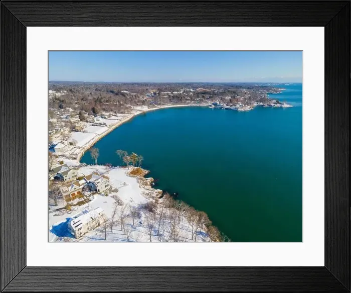 Framed Print : Beverly Cove and Patch Beach aerial view in winter in city of Beverly, Massachusetts MA, USA