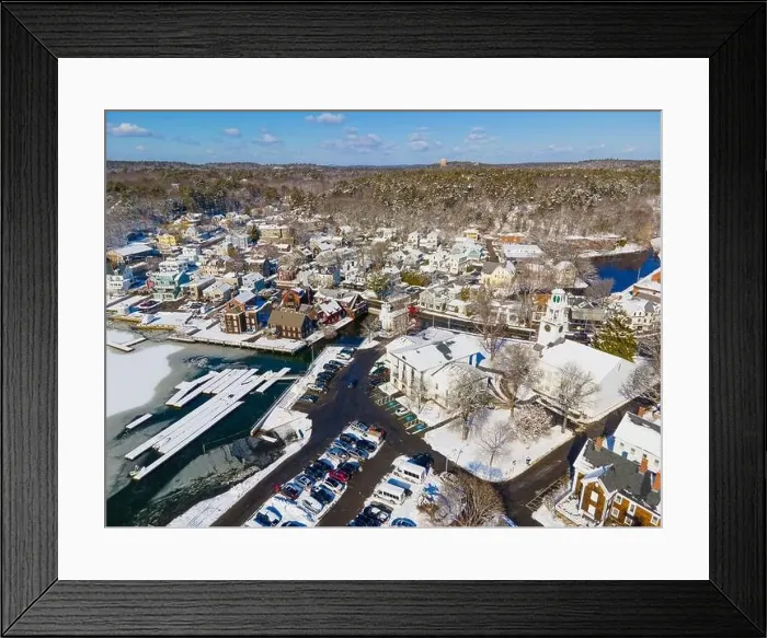Framed Print : Manchester historic town center and harbor aerial view including First Congregational Church and Town Hall in winter Framed Print : Manchester historic town center and harbor aerial view including First Congregational Church and Town Hall in winter