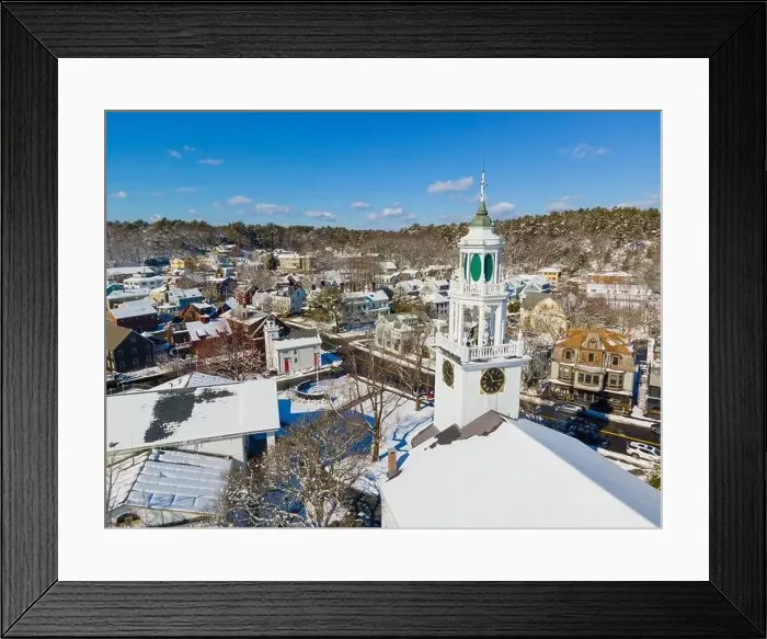 Framed Print : Manchester historic town center and harbor aerial view including First Congregational Church and Town Hall in winter Framed Print : Manchester historic town center and harbor aerial view including First Congregational Church and Town Hall in winter