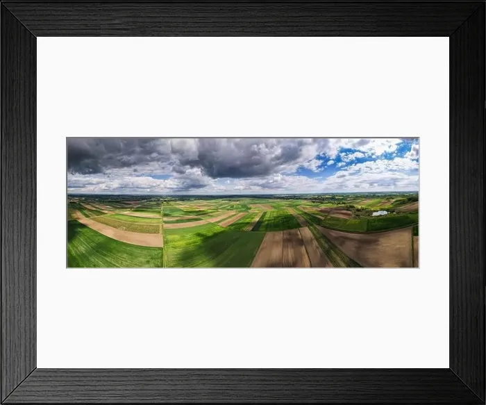 Framed Print : Colorful Farm Fields in Poland at Spring. Aerial Drone Panorama Framed Print : Colorful Farm Fields in Poland at Spring. Aerial Drone Panorama