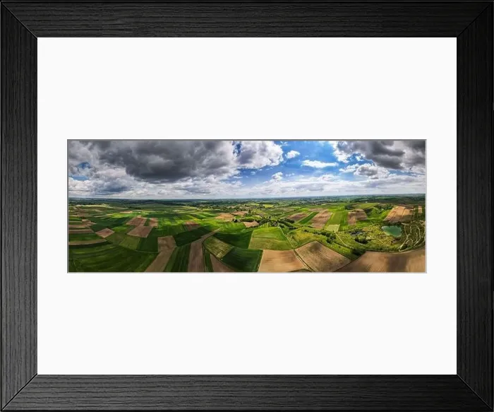 Framed Print : Colorful Farm Fields in Poland at Spring. Aerial Drone Panorama Framed Print : Colorful Farm Fields in Poland at Spring. Aerial Drone Panorama
