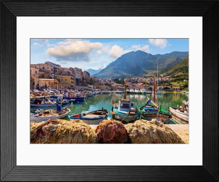 Framed Print : Sicilian port with fishing boats of Castellammare del Golfo village of Sicily Framed Print : Sicilian port with fishing boats of Castellammare del Golfo village of Sicily