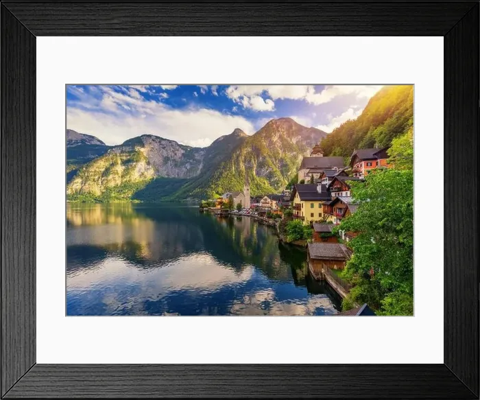 Framed Print : View of famous Hallstatt mountain village in the Austrian Alps at beautiful light in summer Framed Print : View of famous Hallstatt mountain village in the Austrian Alps at beautiful light in summer