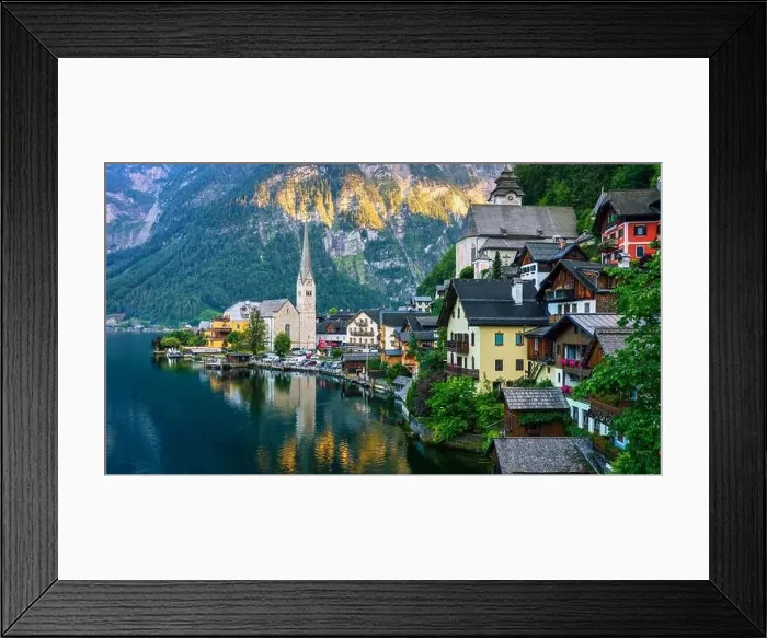 Framed Print : View of famous Hallstatt mountain village in the Austrian Alps at beautiful light in summer Framed Print : View of famous Hallstatt mountain village in the Austrian Alps at beautiful light in summer