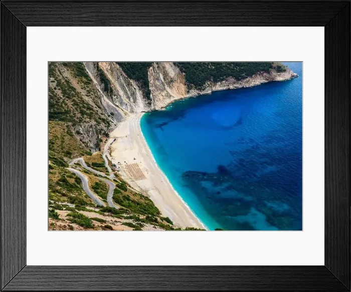 Framed Print : Aerial drone view of iconic turquoise and sapphire bay and beach of Myrtos Framed Print : Aerial drone view of iconic turquoise and sapphire bay and beach of Myrtos