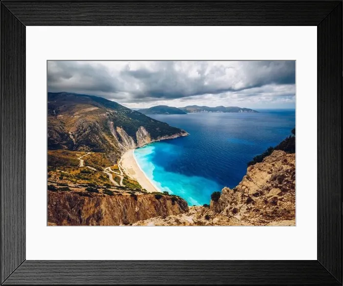 Framed Print : Aerial drone view of iconic turquoise and sapphire bay and beach of Myrtos Framed Print : Aerial drone view of iconic turquoise and sapphire bay and beach of Myrtos