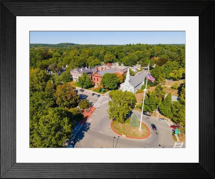 Framed Print : Concord Monument Square aerial view including Holy Family Parish Church Framed Print : Concord Monument Square aerial view including Holy Family Parish Church