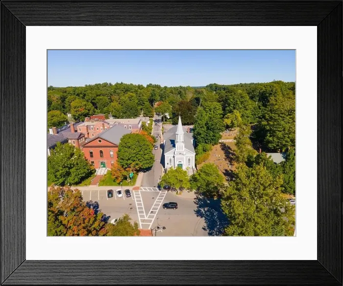 Framed Print : Concord Monument Square aerial view including Holy Family Parish Church Framed Print : Concord Monument Square aerial view including Holy Family Parish Church