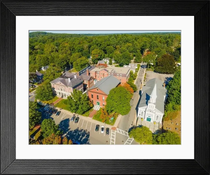 Framed Print : Concord Monument Square aerial view including Holy Family Parish Church Framed Print : Concord Monument Square aerial view including Holy Family Parish Church