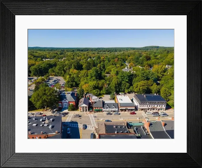 Framed Print : Concord historic town center aerial view in summer on Main Street in town of Concord, Massachusetts MA, USA