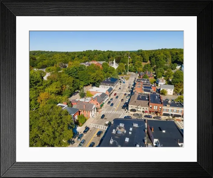 Framed Print : Concord historic town center aerial view in summer on Main Street in town of Concord, Massachusetts MA, USA