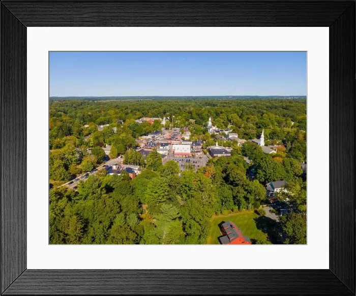 Framed Print : Concord historic town center aerial view in summer on Main Street in town of Concord, Massachusetts MA, USA