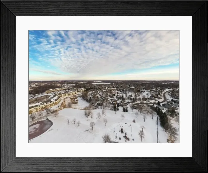 Framed Print : Residental Park in Suburban Neighborhood Winter - drone Framed Print : Residental Park in Suburban Neighborhood Winter - drone