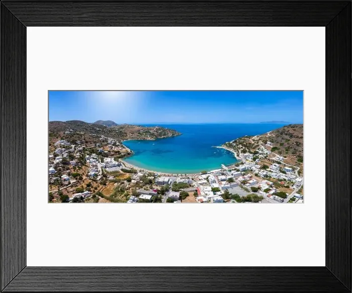 Framed Print : Panoramic aerial view of the bay and beach at Kini, Siros island Framed Print : Panoramic aerial view of the bay and beach at Kini, Siros island