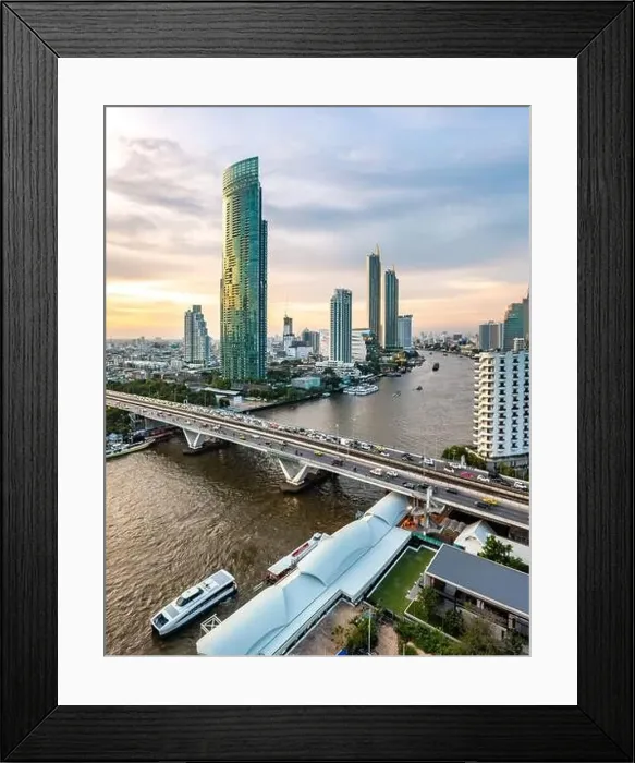 Framed Print : Aerial view of Saphan Taksin district near the Taksin bridge and Chao Phraya river, Bangkok, Thailand Framed Print : Aerial view of Saphan Taksin district near the Taksin bridge and Chao Phraya river, Bangkok, Thailand