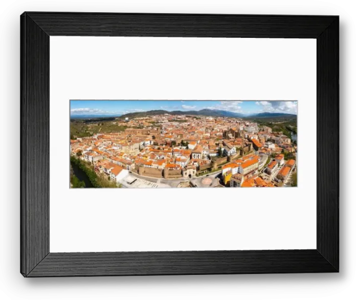 Framed Print : Panoramic view from drone of ancient walled Spanish city of Plasencia Framed Print : Panoramic view from drone of ancient walled Spanish city of Plasencia
