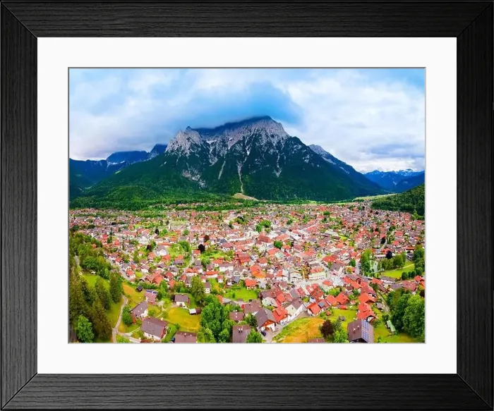 Framed Print : Mittenwald town and Karwendel mountain aerial panoramic view in Bavaria, Germany