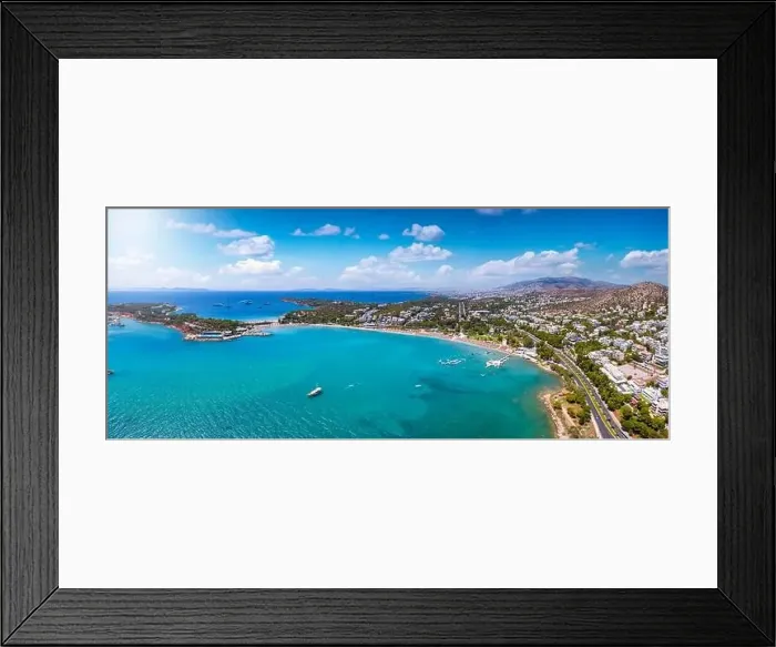 Framed Print : Aerial panorama of the beach at Vouliagmeni, south Riviera coast of Athens Framed Print : Aerial panorama of the beach at Vouliagmeni, south Riviera coast of Athens