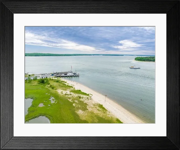 Framed Print : Aerial view of the Shelter Island South Ferry Framed Print : Aerial view of the Shelter Island South Ferry