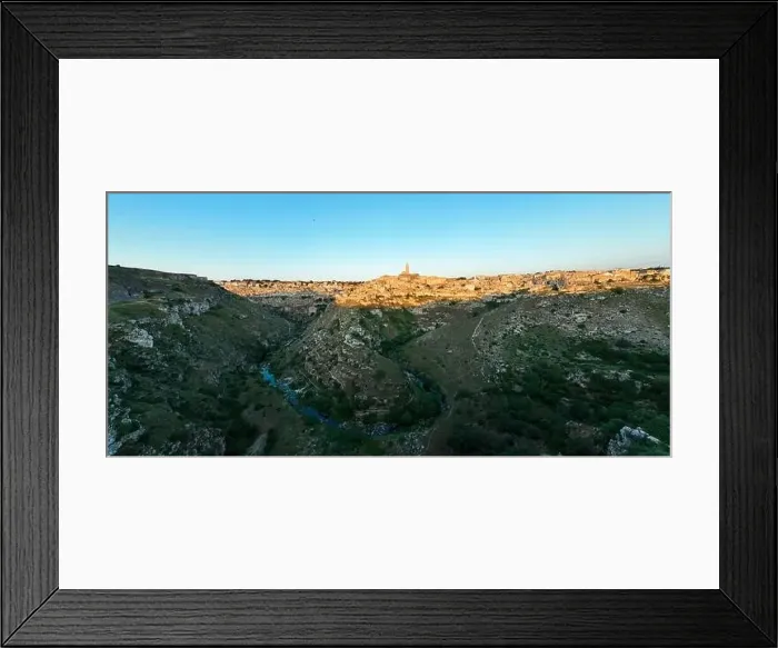 Framed Print : View from above, stunning aerial view of the Matera's skyline during a beautiful sunrise with the Gravina river flowing Framed Print : View from above, stunning aerial view of the Matera's skyline during a beautiful sunrise with the Gravina river flowing