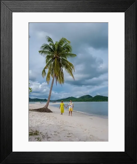 Framed Print : couple of men and women walking on the beach at the Island Koh Yao Yai Thailand, beach with white sand and palm trees Framed Print : couple of men and women walking on the beach at the Island Koh Yao Yai Thailand, beach with white sand and palm trees