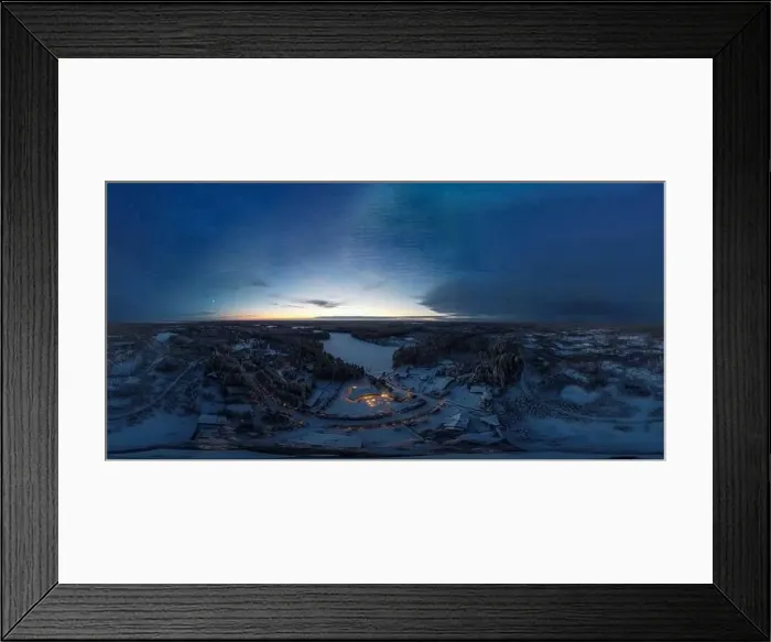 Framed Print : Panorama 360 of winter forest and frozen lake in the evening Framed Print : Panorama 360 of winter forest and frozen lake in the evening