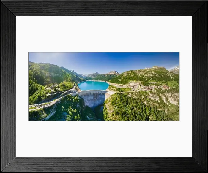 Framed Print : Water dam and reservoir lake aerial panoramic view in French Alps mountains generating hydroelectricity