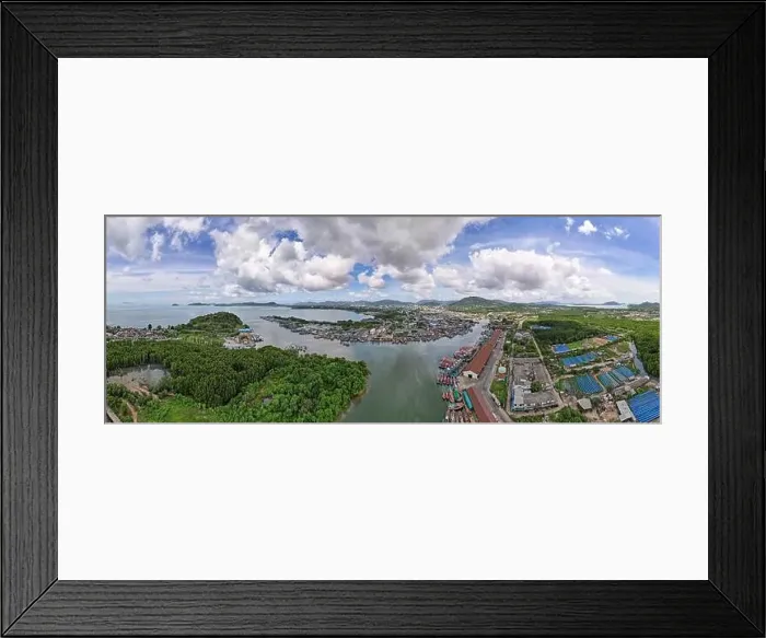 Framed Print : Panorama aerial view of fishing village and large fishing port around the island in Phuket city Thailand Framed Print : Panorama aerial view of fishing village and large fishing port around the island in Phuket city Thailand