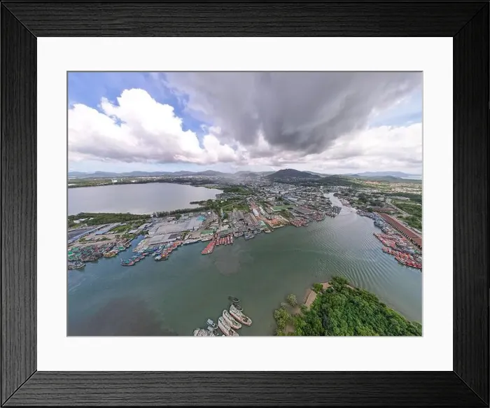 Framed Print : Panorama aerial view of fishing village and large fishing port around the island in Phuket city Thailand Framed Print : Panorama aerial view of fishing village and large fishing port around the island in Phuket city Thailand