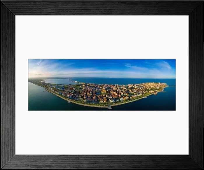 Framed Print : Panoramic bird's eye view over small ancient resort town of Pomorie with old European small houses Framed Print : Panoramic bird's eye view over small ancient resort town of Pomorie with old European small houses