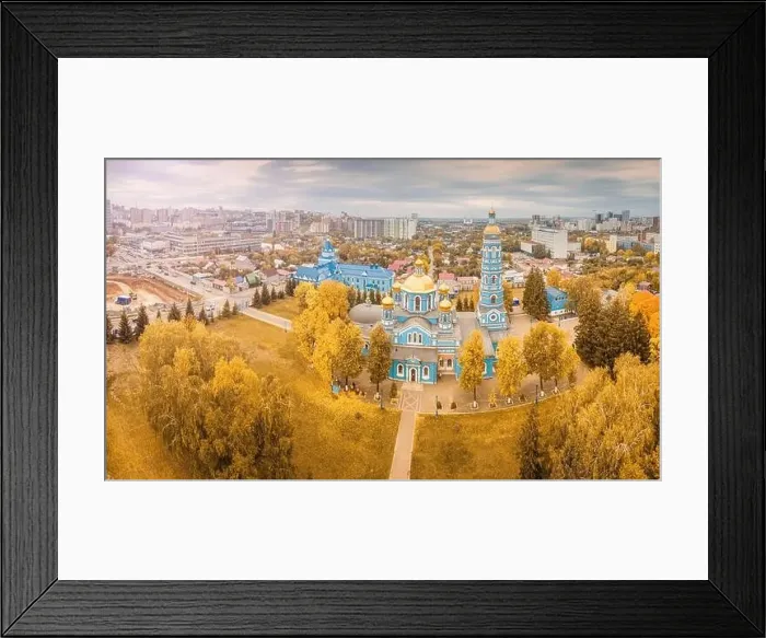 Framed Print : Christmas of the Blessed Virgin Cathedral aerial view around residential city block Framed Print : Christmas of the Blessed Virgin Cathedral aerial view around residential city block