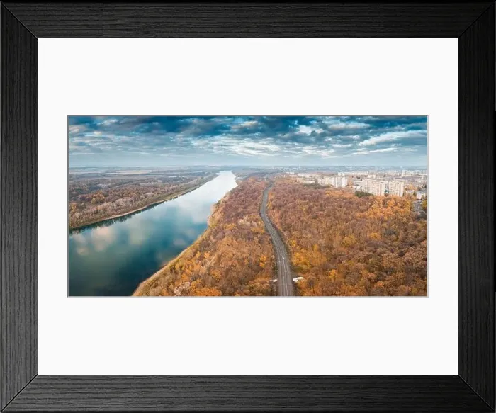 Framed Print : Aerial scenic panorama of railroad at city suburbs. Majestic sunset clouds reflecting in the river waters Framed Print : Aerial scenic panorama of railroad at city suburbs. Majestic sunset clouds reflecting in the river waters