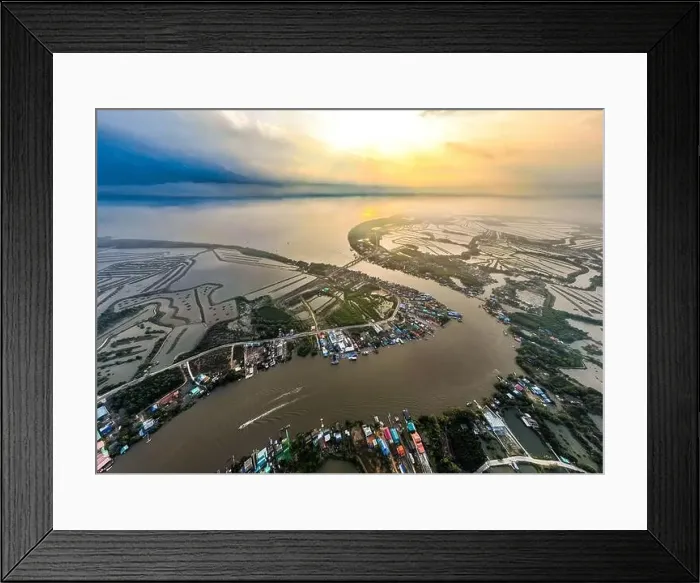 Framed Print : Aerial view of an estuary near Wat Pak Ao, Phetchaburi, Thailand