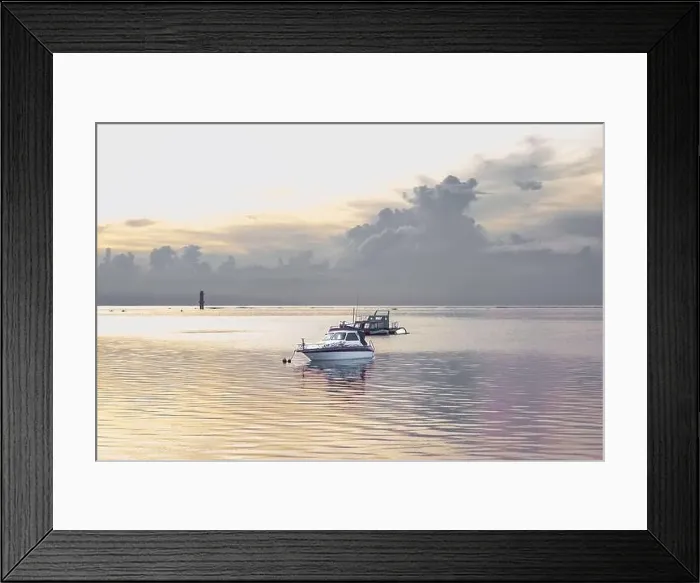 Framed Print : Boat floating on ocean in bay at golden hour. Cloudy morning sky Framed Print : Boat floating on ocean in bay at golden hour. Cloudy morning sky