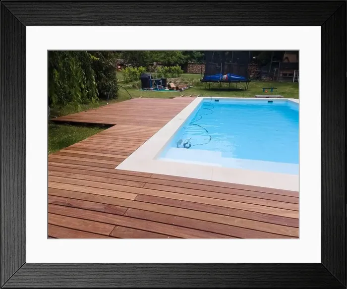 Framed Print : aerial drone flight over beautiful green garden with pool and the wooden deck of the pool is in progress Framed Print : aerial drone flight over beautiful green garden with pool and the wooden deck of the pool is in progress