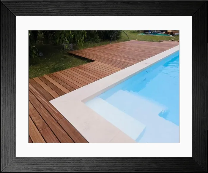 Framed Print : aerial drone flight over beautiful green garden with pool and the wooden deck of the pool is in progress Framed Print : aerial drone flight over beautiful green garden with pool and the wooden deck of the pool is in progress