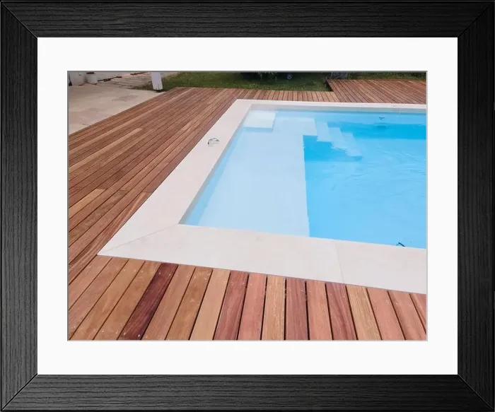 Framed Print : aerial drone flight over beautiful green garden with pool and the wooden deck of the pool is in progress Framed Print : aerial drone flight over beautiful green garden with pool and the wooden deck of the pool is in progress