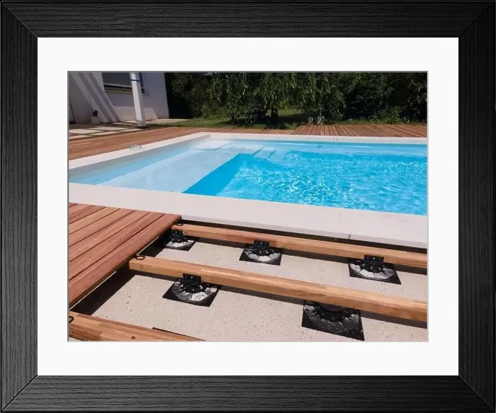 Framed Print : aerial drone flight over beautiful green garden with pool and the wooden deck of the pool is in progress Framed Print : aerial drone flight over beautiful green garden with pool and the wooden deck of the pool is in progress