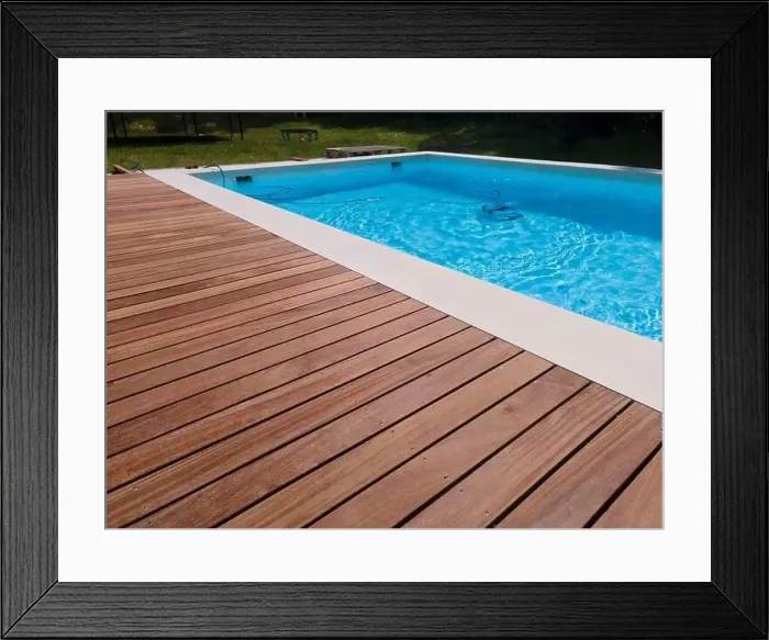 Framed Print : aerial drone flight over beautiful green garden with pool and the wooden deck of the pool is in progress Framed Print : aerial drone flight over beautiful green garden with pool and the wooden deck of the pool is in progress
