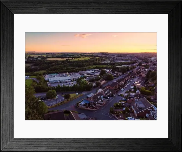 Framed Print : Urban Drone Image of Housing typical of the UK. Sunset with red brick houses and industrial area Framed Print : Urban Drone Image of Housing typical of the UK. Sunset with red brick houses and industrial area