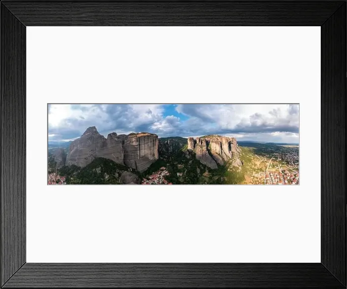Framed Print : Greece Meteora landscape panoramic aerial view. Kalabaka village and famous rock formations. Europe travel destination Framed Print : Greece Meteora landscape panoramic aerial view. Kalabaka village and famous rock formations. Europe travel destination