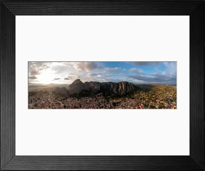 Framed Print : Meteora Greece panorama. Sunset and cloudy sky over Kalabaka town. Rock formations landscape, Europe travel destination Framed Print : Meteora Greece panorama. Sunset and cloudy sky over Kalabaka town. Rock formations landscape, Europe travel destination