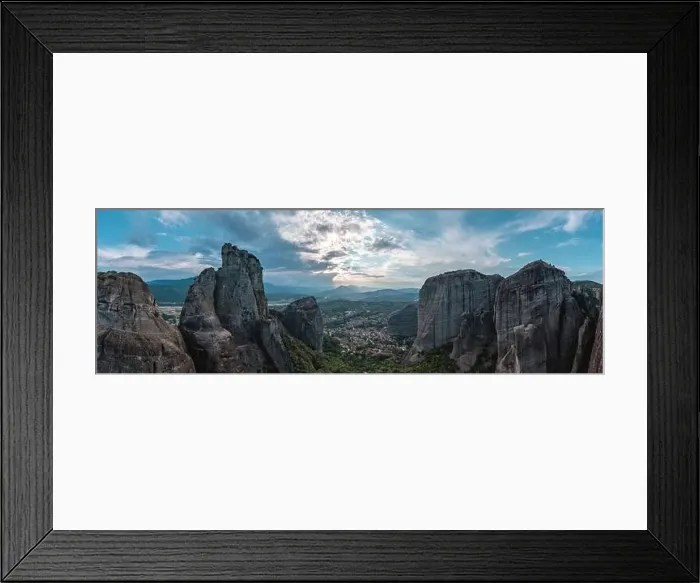 Framed Print : Greece Meteora landscape panoramic aerial view. Kalabaka village and famous rock formations. Europe travel destination Framed Print : Greece Meteora landscape panoramic aerial view. Kalabaka village and famous rock formations. Europe travel destination